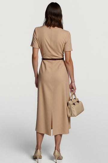 Camel Midi Round Neck Work Dress with Belt
